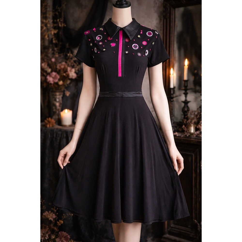 Romyda Keth Whimsical Fit And Flair Swing Dress Size Large Black Pink Sequined